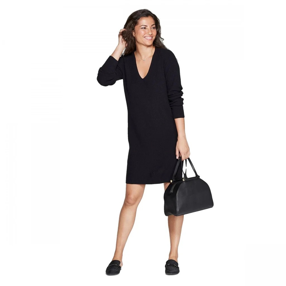 A New Day Black V-Neck Knick Sweater Dress - Size Medium